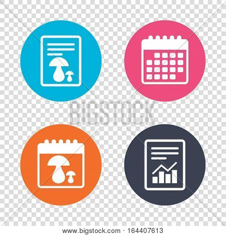 Report document, calendar icons. Mushroom sign icon. Boletus mushroom symbol. Transparent background. Vector