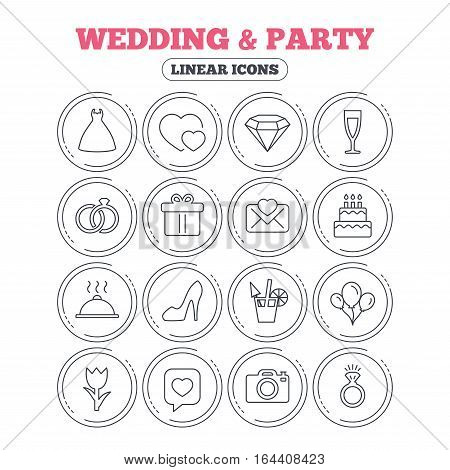Wedding and party icons. Dress, diamond and rings. Gift box, invitatiom letter and rose flower. Speech bubble with heart and photo camera. Circle flat buttons with linear icons. Vector