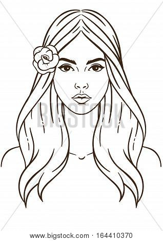 Illustration face in white background. Woman and flower. Beautiful and young girl with long hair. Close up portrait