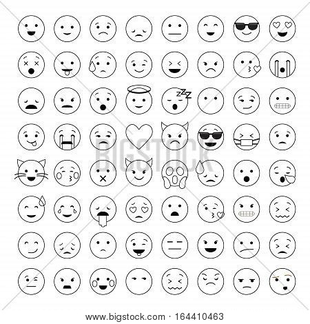 Set of cute smiley emoticons, emoj outline design isolated on white background, vector illustration
