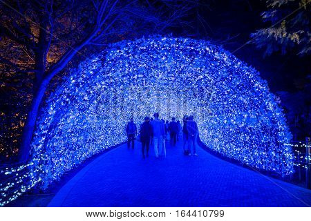 MieNagoya Japan - November 23 2015 : Unidentified tourist in blur motion visiting Nabana no sato winter illumination in Mie NagoyaJapan. It is one of Japan's largest illumination parks.