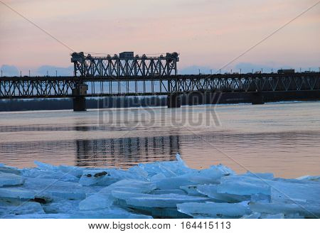 Bridge across river Dnieper at sunset in Kremenchug Ukraine