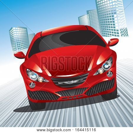 Illustration - city red car rides on the road