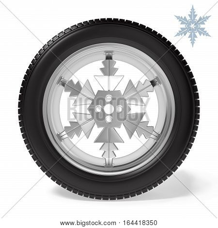 winter tire on the rim in the form of snowflakesl on white background, 3D illustration