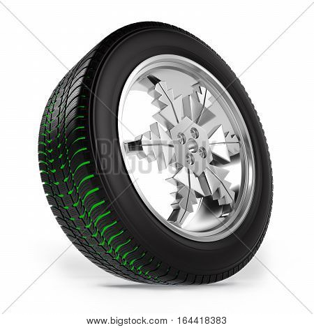 winter tire on the rim in the form of snowflakes with separate tread on white background, 3D illustration