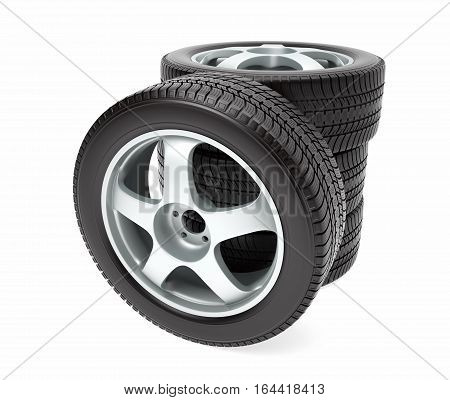 New car wheel with winter tire stacked up and isolated on white background, 3D illustration