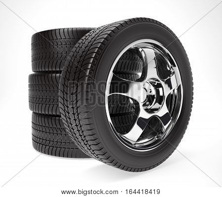 New car wheels with winter tire stacked up and isolated on white background, 3d illustration