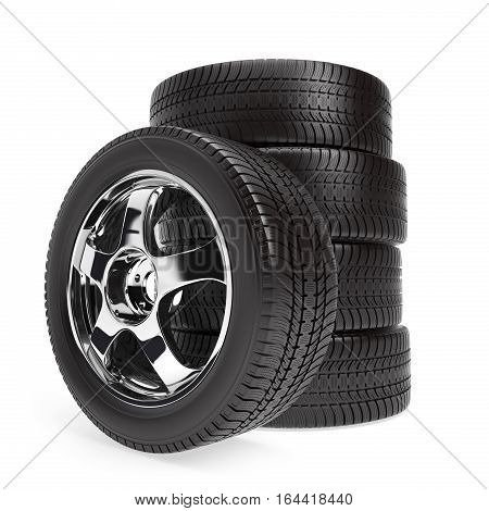 New car wheels with winter tires stacked and isolated on white background, 3d illustration