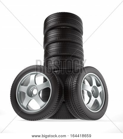 New car wheel stacked up and isolated on white background, 3D illustration