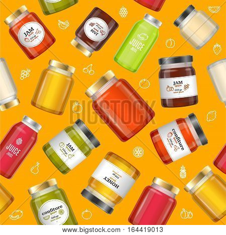 Jar Glass with Jam, Confiture, Honey and Juice Background Pattern on a Yellow. Vector illustration