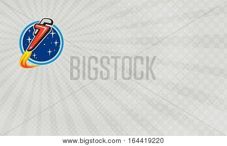 Business card showing Illustration of a pipe wrench rocket booster blasting off orbiting space set inside circle with stars in the background done in retro style.