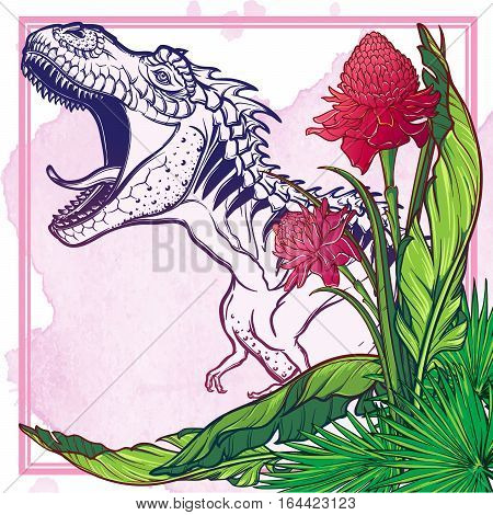 Detailed sketch style drawing of the roaring tirannosaurus rex on a decoratve bunch of tropical leaves and flowers. Painted sketch. EPS10 vector illustration.