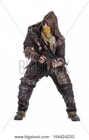 Nuclear post apocalypse life after doomsday concept. Grimy survivor with homemade weapons. Studio closeup portrait on white background