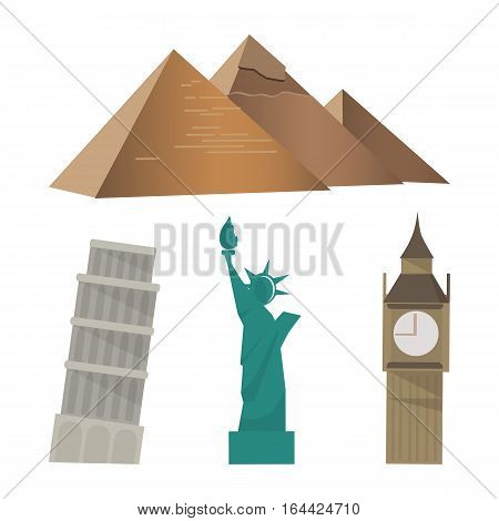 Cartoon landmarks around the world. Vector illustrations with world atractions Egyptian pyramids, Big Ben, Statue of Liberty and Tower of Pisa. Famous international landmarks isolated on white