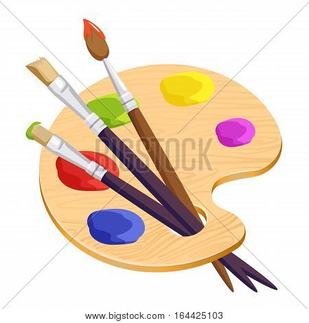 Isolated artist palette with three long different brushes inside on white. Vector illustration of cartoon wooden thing with colourful round spots of paints. Set for creating pictures and portraits