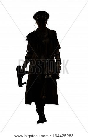 Nuclear post apocalypse life after doomsday concept. Grimy female survivor with homemade weapons. Studio portrait silhouette on white background