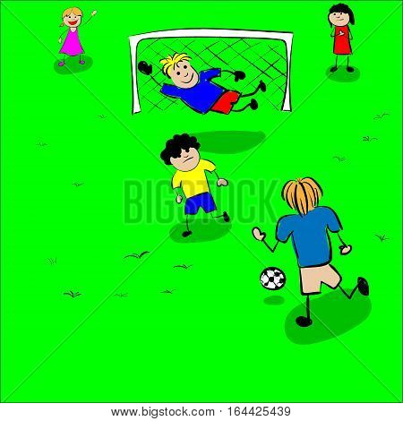 Children play football in green background vector illustration