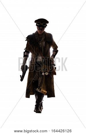 Nuclear post apocalypse life after doomsday concept. Grimy female survivor with homemade weapons. Studio portrait silhouette on white background