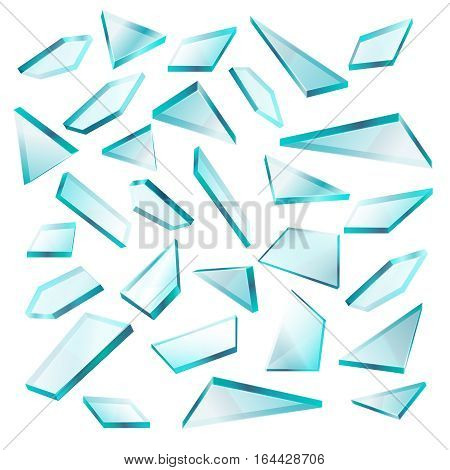 Broken glass shards isolated on white vector set. Transparent of sharp fragment glass, illustration of broken shape glass