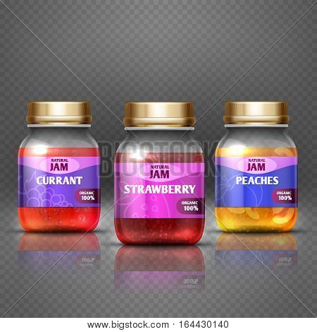 Closeup glass jar with jam, marmalade with label and badge design vector illustration. Conservation fruit jam currant and peaches, sweet organic jam