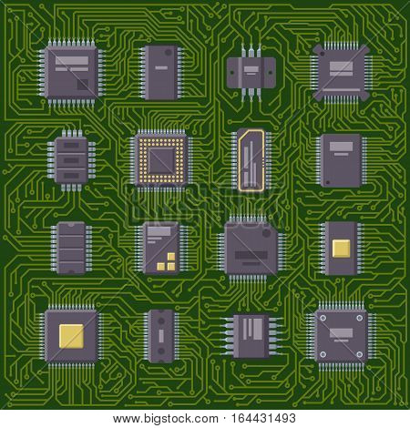 High tech circuit board industrial background. Hardware component equipment. Integrated connection communication. Electronic processor technology vector illustration.