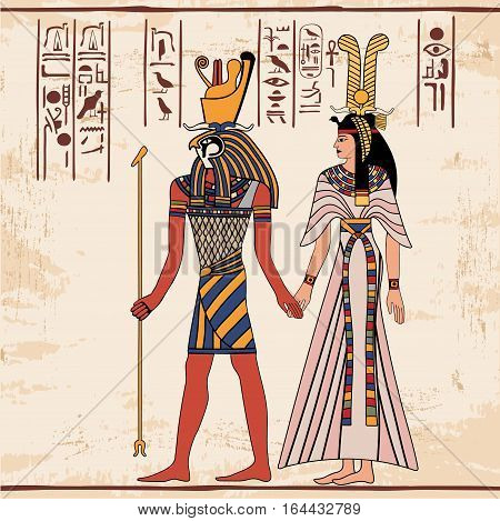 Vector illustration of Egyptian national drawing. Goddess Isis and Queen Nefertari. Color drawing.