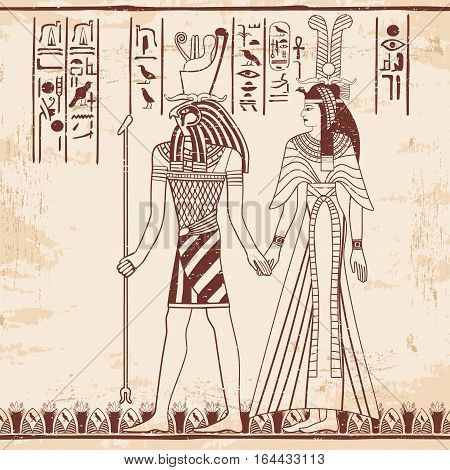 Vector illustration of Egyptian national drawing. Goddess Isis and Queen Nefertari. Brown drawing on a beige background with the effect of aging.