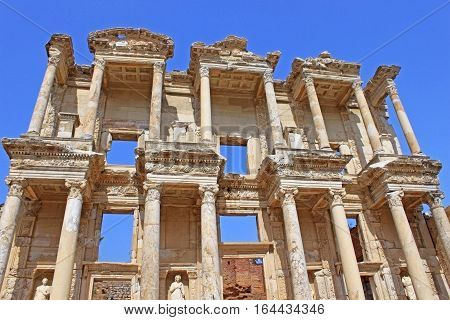 The remains of the enormous Library of Celsus in the city of Ephesus in modern day, Turkey