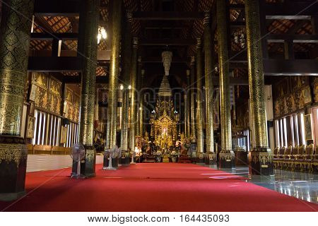 CHIANG MAI, THAILAND - DECEMBER 27: interior design of buddhism temple at Wat Pa Daraphirom Temple in Chiang Mai Thailand on December 27 2016.