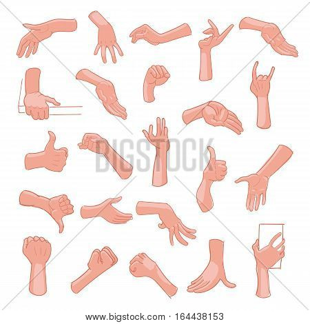 Hand gestures and sign language icon set on white background. Vector illustration of human hands.