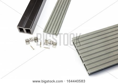 Light grey composite decking plank with fastening material