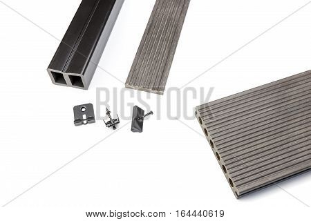 Grey composite decking plank with mounting material
