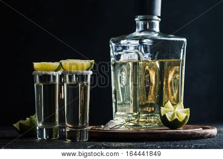 Mexican Gold Tequila with lime and salt on black background.