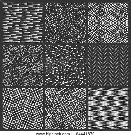 Chaotic lines, spots and brushstrokes black and white patterns. Vector abstract simple streep seamless pattern set. Illustration with stroke line ink