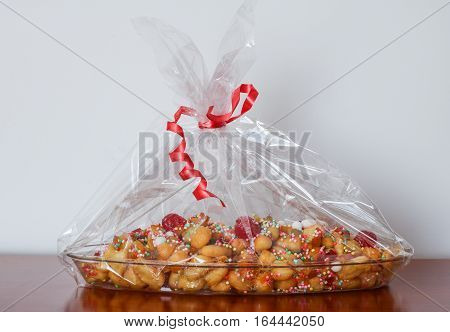Traditional Italian Christmas struffoli honey balls dish