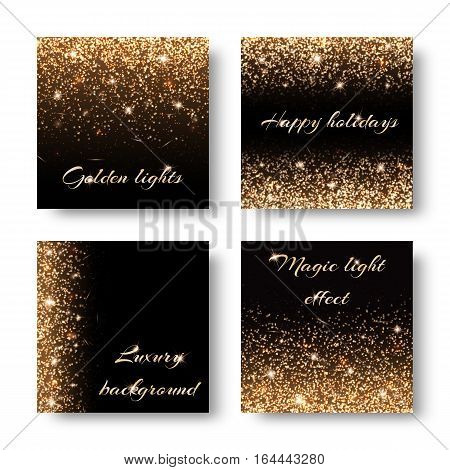 Set of abstract backgrounds with golden lights bokeh. Design for greeting card for Christmas birthday Valentines Day.