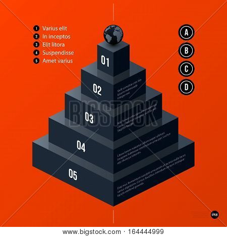 Corporate Business Pyramid Chart Template On Bright Orange Background. Useful For Presentations And