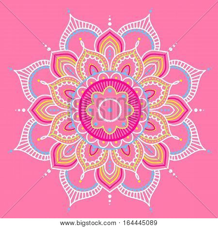 Colorful abstract mandala on pink background, ethno motive, vector illustration, eps 10