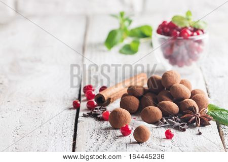 Homemade healthy vegan chocolate truffles with cranberry on paper over white wooden background