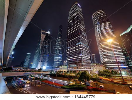 Amazing View Of Skyscrapers On Century Avenue At Night, Shanghai
