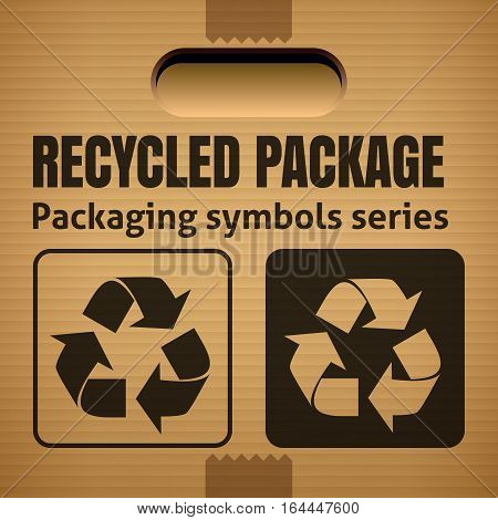 RECYCLED PACKAGE packaging symbol on a corrugated cardboard box. For use on cardboard boxes packages and parcels. Vector illustration
