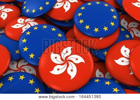 Hong Kong And Europe Badges Background - Pile Of Hong Kongese And European Flag Buttons 3D Illustrat