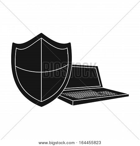 Data security of laptop icon in black design isolated on white background. Hackers and hacking symbol stock vector illustration.