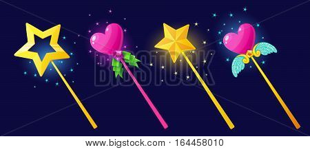The magical power of a magic wand, tricks, wishes and witchcraft. Vector illustration.Set isolated on a dark background.Game icon.Design for app user interface and score display.