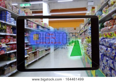 internet of things marketing concepts,smart augmented reality,customer hold the tablet to see the product that show the special price and promotion to save money and the walk path to go the product