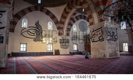 Edirne, Turkey - April 19, 2014: Interiors of The Old Mosque (Eski Cami) in Edirne