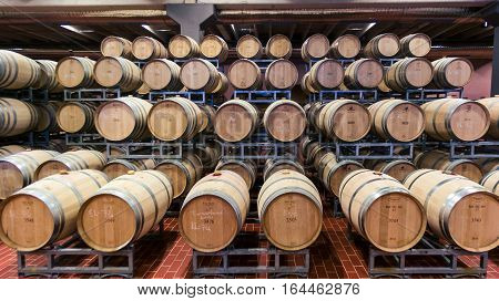 Tekirdag, Turkey - 17 December 2016: Oak barrels stored in a Wineyard