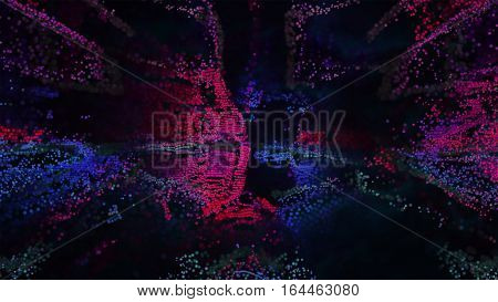 Abstract Pixel Art 3D Illustration. Pink Blue array cloud with horizontal motif in space.