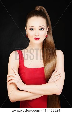Beautiful Model Woman with Long Hair and Evening Makeup. Ponytail Hairstyle and Red Lips