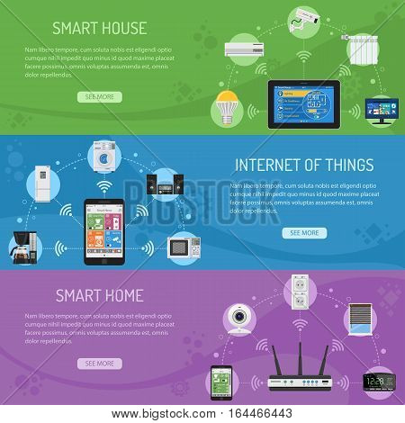 Smart House and internet of things Horizontal Banners with flat icons smartphone, router and tablet controls smart plug, security camera coffee maker microwave and music center. vector illustration